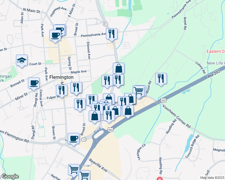 map of restaurants, bars, coffee shops, grocery stores, and more near Route 31 in Flemington