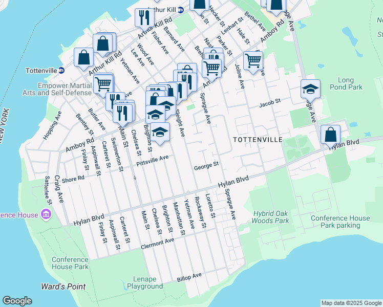 map of restaurants, bars, coffee shops, grocery stores, and more near 405 Sleight Avenue in Staten Island