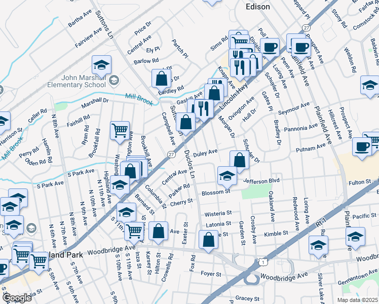 map of restaurants, bars, coffee shops, grocery stores, and more near 155 Duclos Lane in Edison