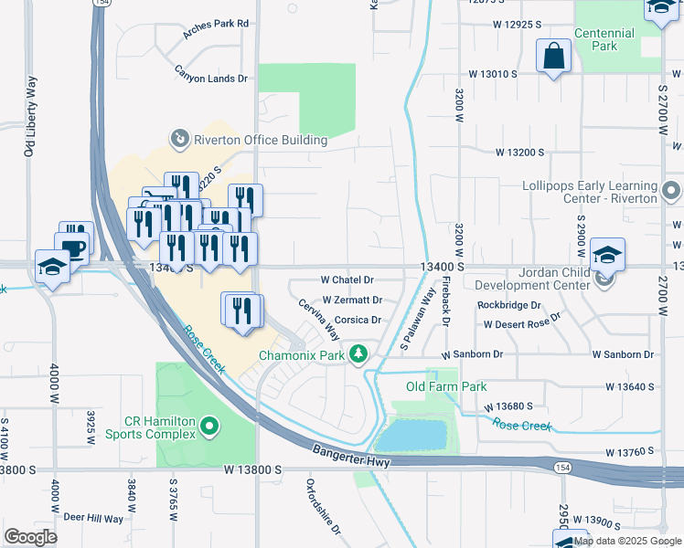 map of restaurants, bars, coffee shops, grocery stores, and more near 3428 West Chatel Drive in Riverton