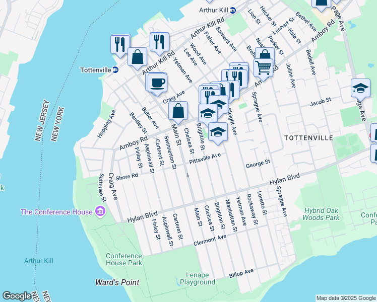 map of restaurants, bars, coffee shops, grocery stores, and more near 62 Chelsea Street in Staten Island