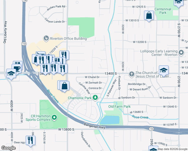 map of restaurants, bars, coffee shops, grocery stores, and more near 3402 Chatel Drive in Riverton