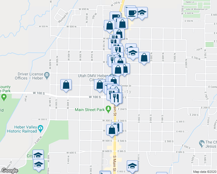map of restaurants, bars, coffee shops, grocery stores, and more near 55 West Center Street in Heber City