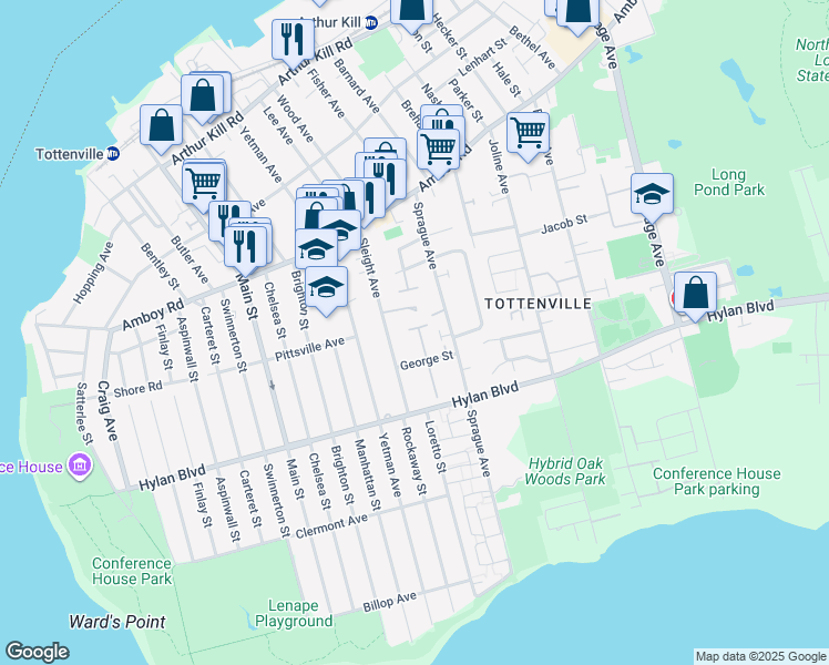 map of restaurants, bars, coffee shops, grocery stores, and more near 405 Sleight Avenue in Staten Island