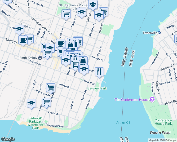 map of restaurants, bars, coffee shops, grocery stores, and more near in Perth Amboy