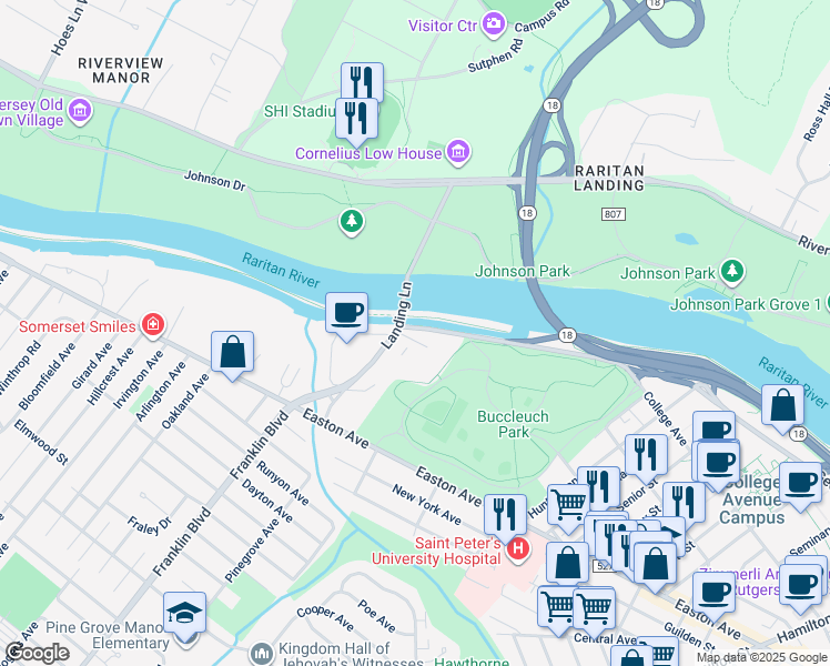 map of restaurants, bars, coffee shops, grocery stores, and more near 1110 George Street in New Brunswick