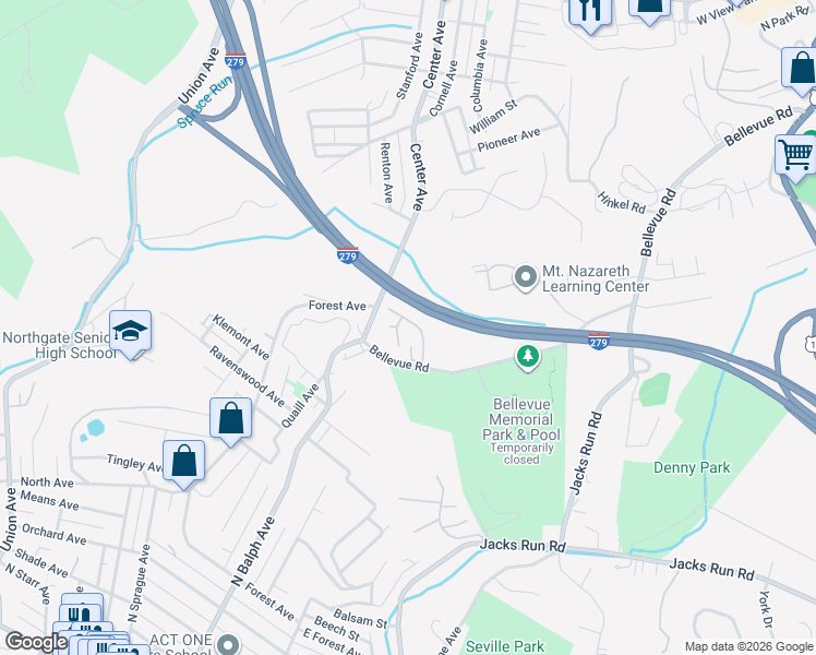 map of restaurants, bars, coffee shops, grocery stores, and more near 701 Bellwood Drive in Pittsburgh