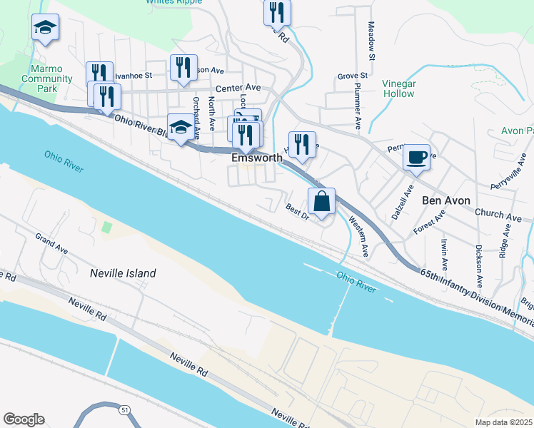 map of restaurants, bars, coffee shops, grocery stores, and more near 200 Cliffside Manor in Emsworth