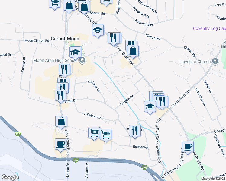 map of restaurants, bars, coffee shops, grocery stores, and more near 1632 Forest Green Drive in Carnot-Moon