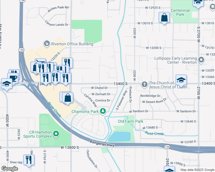 map of restaurants, bars, coffee shops, grocery stores, and more near 3354 Chatel Drive in Riverton