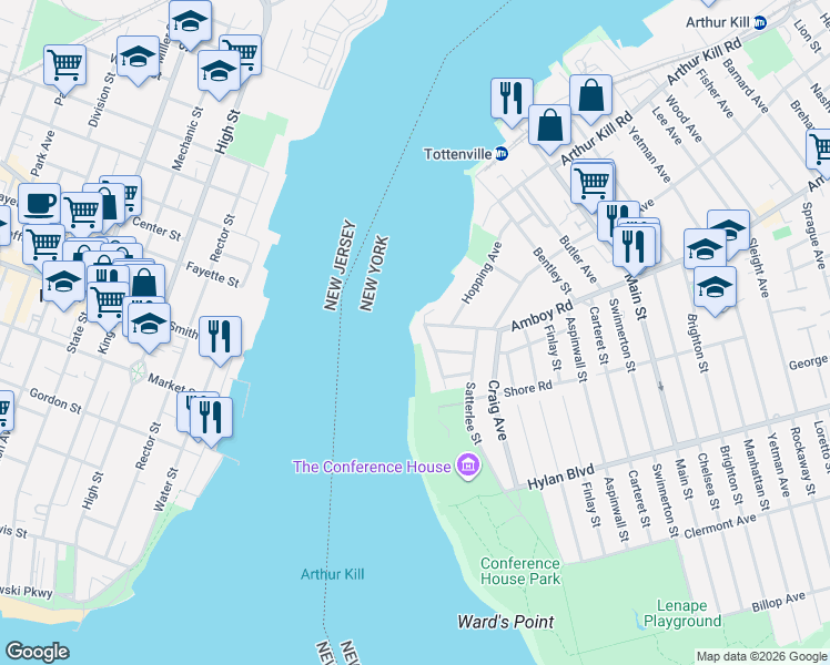 map of restaurants, bars, coffee shops, grocery stores, and more near 7795 Amboy Road in Staten Island