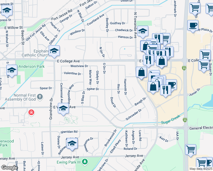 map of restaurants, bars, coffee shops, grocery stores, and more near 124 South Orr Drive in Normal