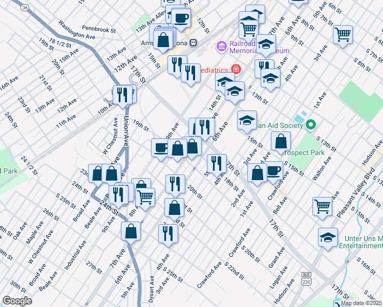 map of restaurants, bars, coffee shops, grocery stores, and more near 1807 7th Avenue in Altoona