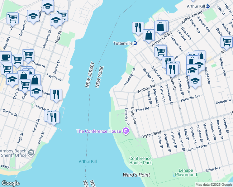map of restaurants, bars, coffee shops, grocery stores, and more near 5 Wards Point Avenue in Staten Island