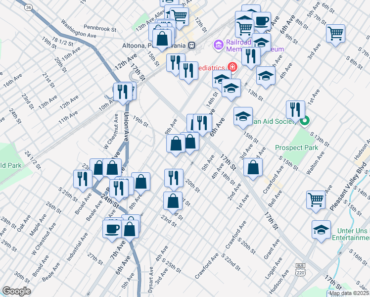 map of restaurants, bars, coffee shops, grocery stores, and more near 1812 Pennsylvania 764 in Altoona