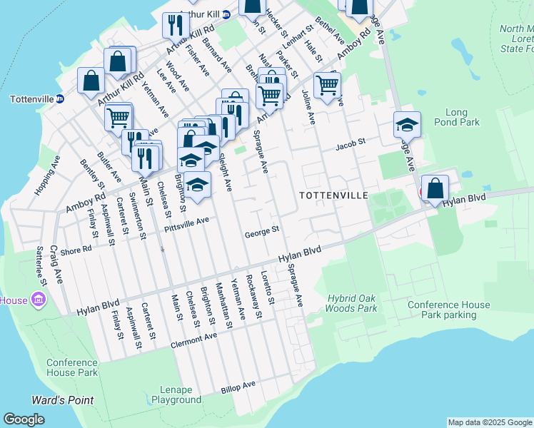 map of restaurants, bars, coffee shops, grocery stores, and more near 16 Petunia Court in Staten Island