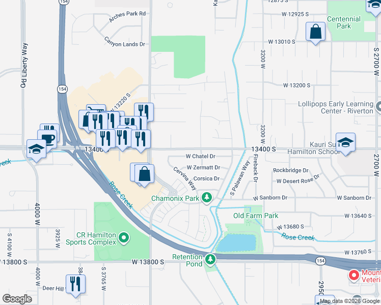 map of restaurants, bars, coffee shops, grocery stores, and more near 3442 West Chatel Drive in Riverton