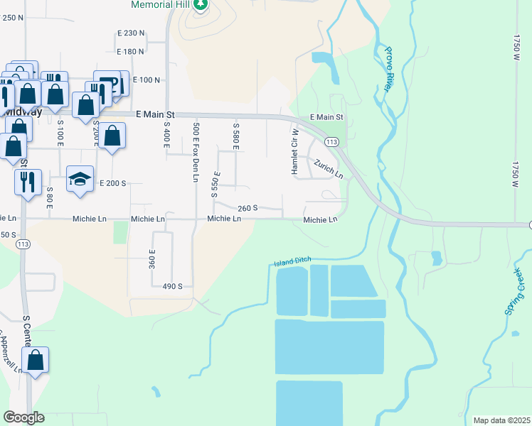 map of restaurants, bars, coffee shops, grocery stores, and more near 694 E 260 S in Midway