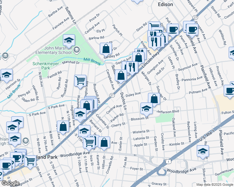 map of restaurants, bars, coffee shops, grocery stores, and more near 1576 New Jersey 27 in Edison