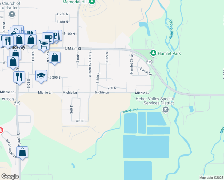 map of restaurants, bars, coffee shops, grocery stores, and more near 646 250 South in Midway