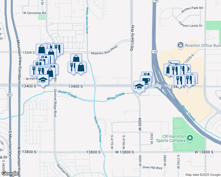 map of restaurants, bars, coffee shops, grocery stores, and more near 4177 13400 South in Riverton