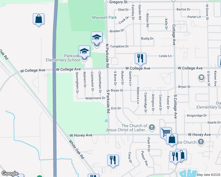 map of restaurants, bars, coffee shops, grocery stores, and more near 1714 Bryan Street in Normal