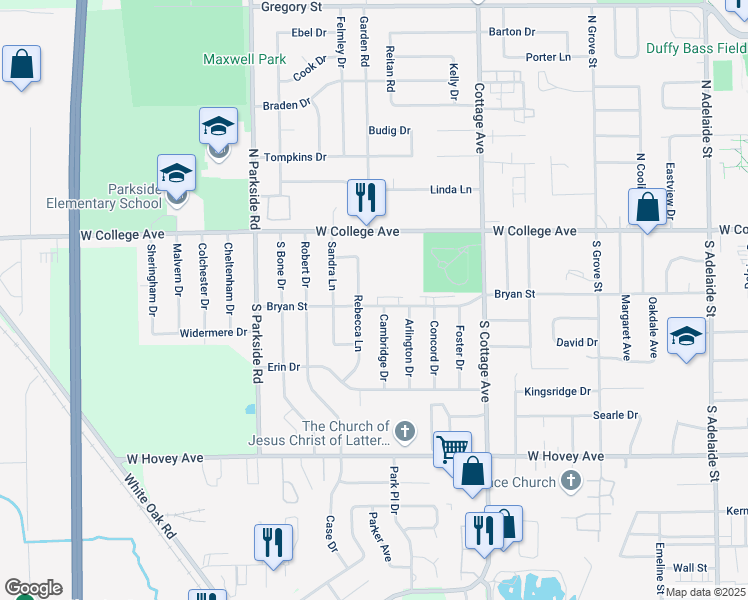 map of restaurants, bars, coffee shops, grocery stores, and more near 1626 Bryan Street in Normal