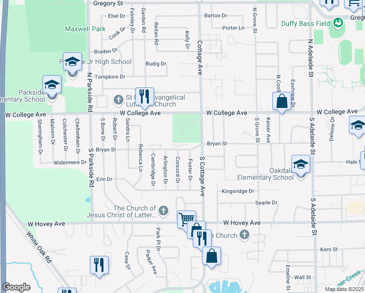 map of restaurants, bars, coffee shops, grocery stores, and more near 1606 Bryan Street in Normal