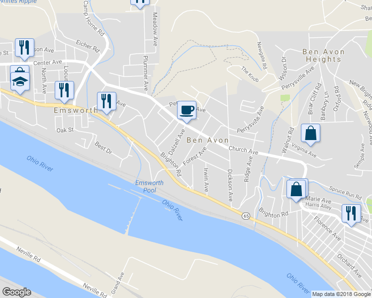 map of restaurants, bars, coffee shops, grocery stores, and more near 211 Breading Avenue in Pittsburgh