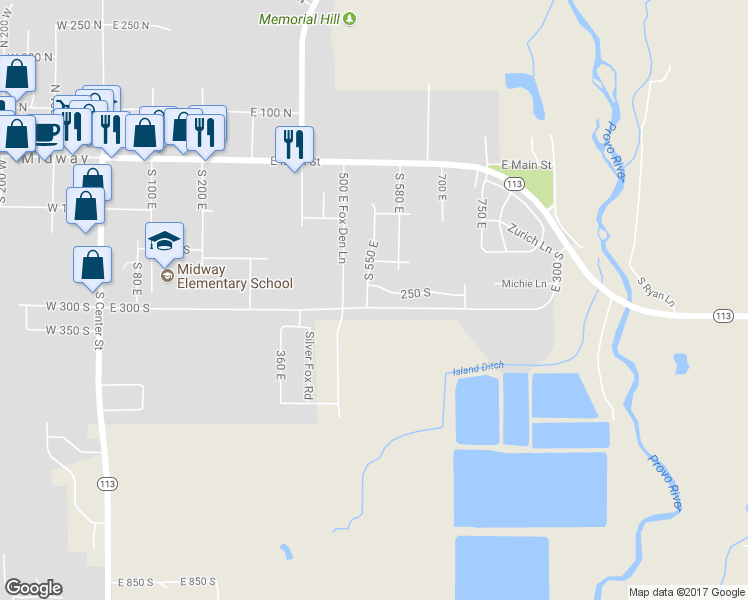 map of restaurants, bars, coffee shops, grocery stores, and more near 283 South 550 East in Midway