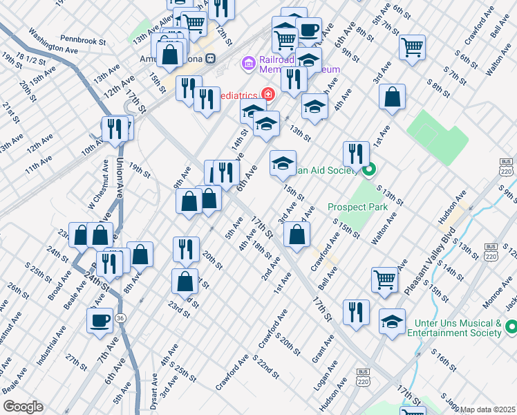 map of restaurants, bars, coffee shops, grocery stores, and more near 1600 4th Avenue in Altoona