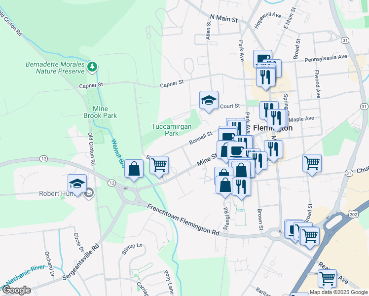 map of restaurants, bars, coffee shops, grocery stores, and more near 64 Bonnell Street in Flemington