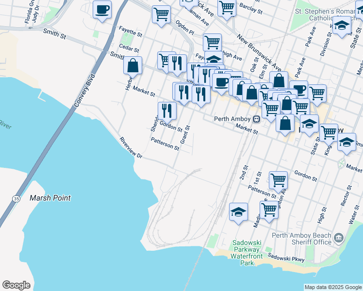 map of restaurants, bars, coffee shops, grocery stores, and more near 176 Grant Street in Perth Amboy