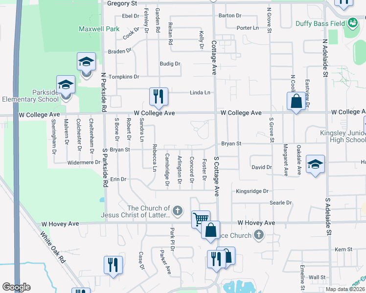 map of restaurants, bars, coffee shops, grocery stores, and more near 1614 Bryan Street in Normal