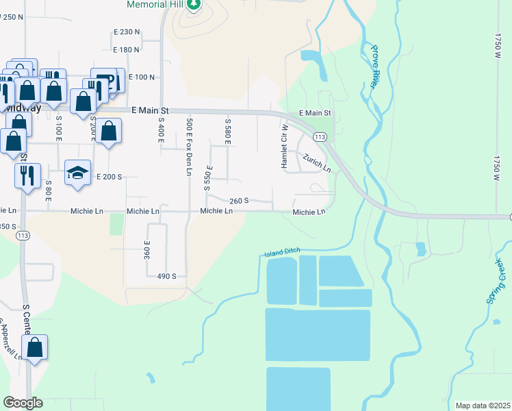 map of restaurants, bars, coffee shops, grocery stores, and more near 694 E 260 S in Midway