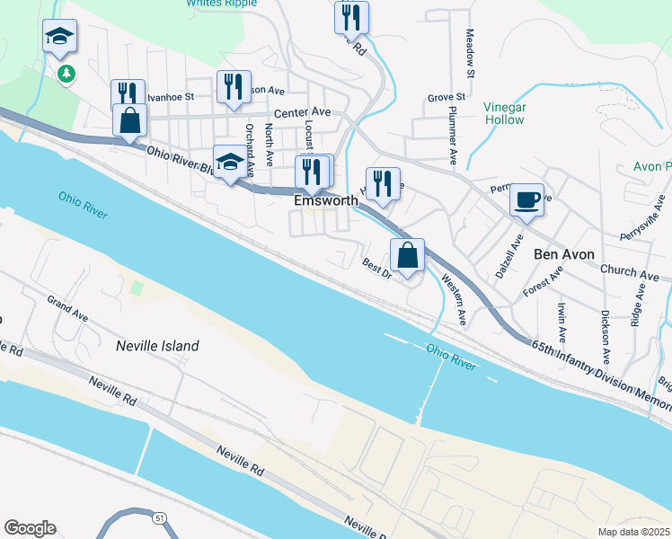 map of restaurants, bars, coffee shops, grocery stores, and more near 200 Cliffside Manor in Emsworth