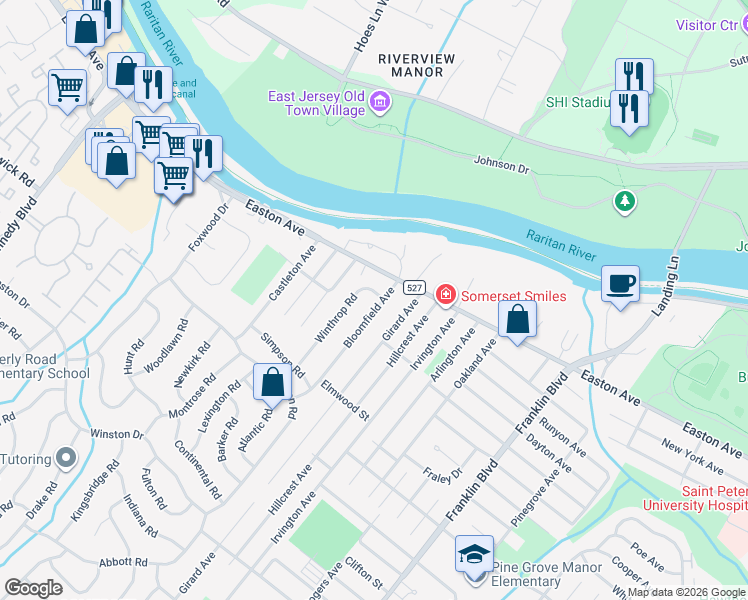 map of restaurants, bars, coffee shops, grocery stores, and more near 1 Winthrop Road in Franklin Township