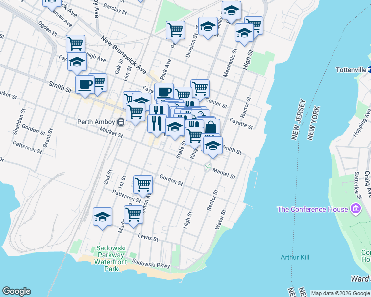 map of restaurants, bars, coffee shops, grocery stores, and more near 272 State Street in Perth Amboy