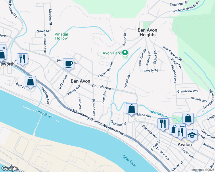 map of restaurants, bars, coffee shops, grocery stores, and more near 6830 Church Avenue in Pittsburgh