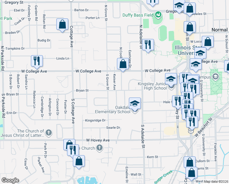 map of restaurants, bars, coffee shops, grocery stores, and more near 301 Margaret Avenue in Normal
