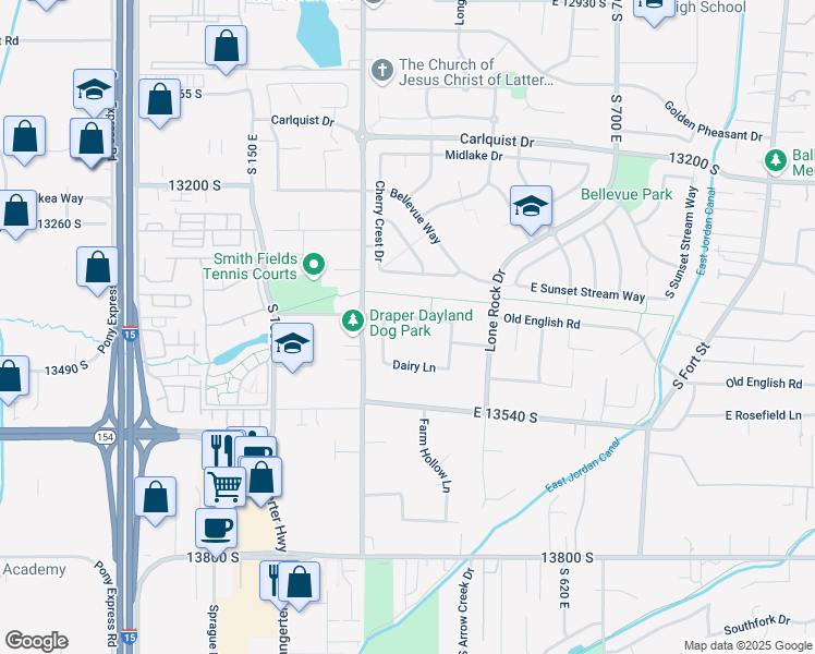 map of restaurants, bars, coffee shops, grocery stores, and more near 13409 Dairy Lane in Draper