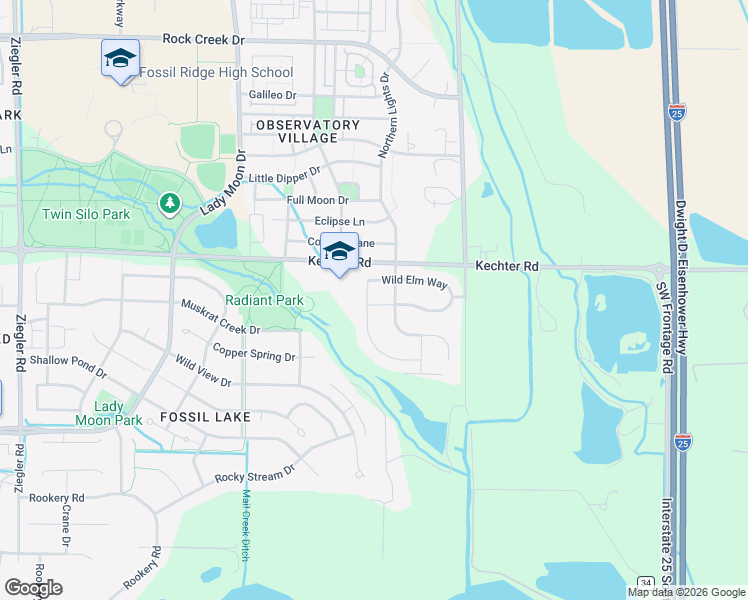map of restaurants, bars, coffee shops, grocery stores, and more near 3806 Oak Shadow Way in Fort Collins