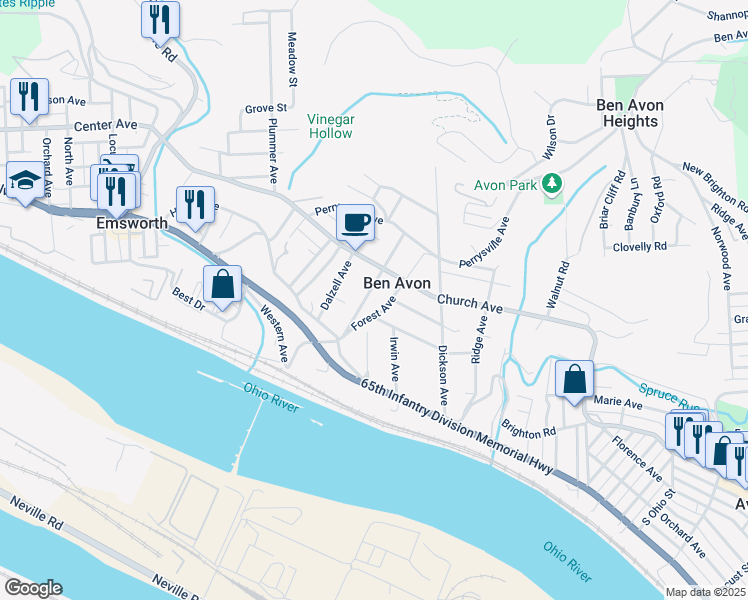 map of restaurants, bars, coffee shops, grocery stores, and more near in Ben Avon