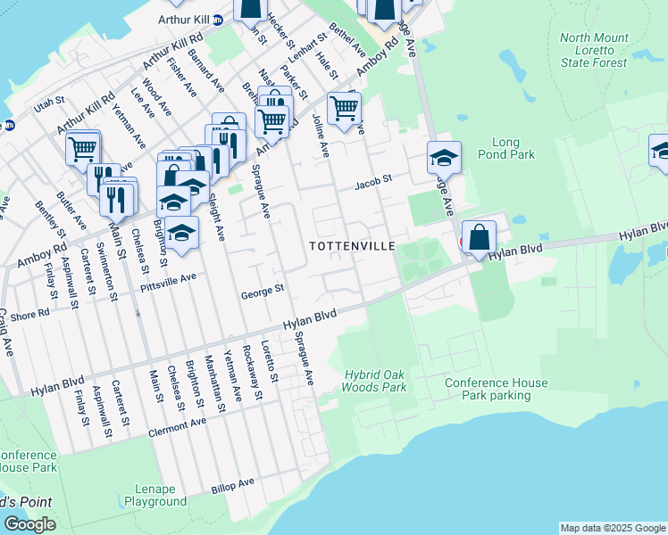 map of restaurants, bars, coffee shops, grocery stores, and more near 25 Adlers Lane in Staten Island