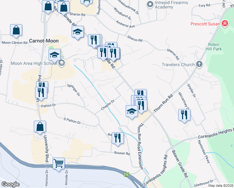 map of restaurants, bars, coffee shops, grocery stores, and more near 205 Chaplin Drive in Coraopolis