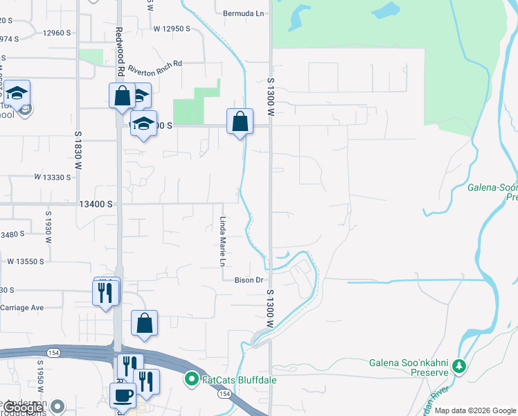 map of restaurants, bars, coffee shops, grocery stores, and more near 13408 South 1300 West in Riverton