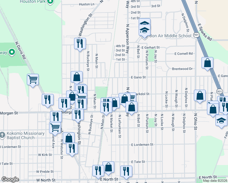 map of restaurants, bars, coffee shops, grocery stores, and more near 2203 North Lafountain Street in Kokomo