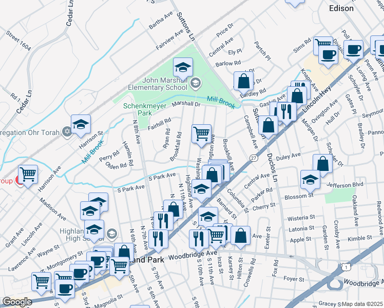 map of restaurants, bars, coffee shops, grocery stores, and more near 151 Washington Avenue in Edison