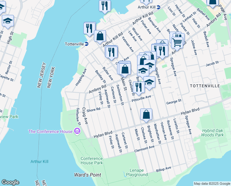 map of restaurants, bars, coffee shops, grocery stores, and more near 26 Carteret Street in Staten Island