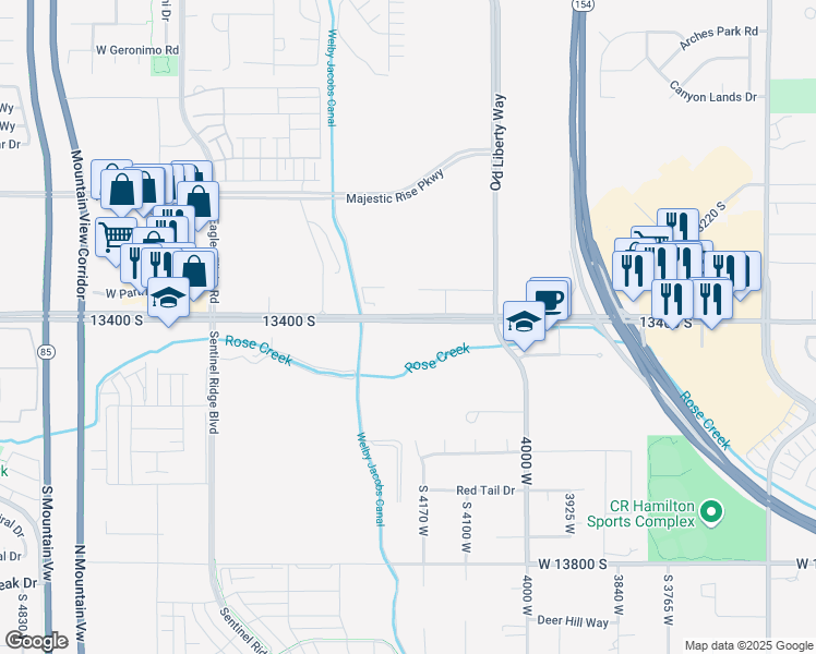 map of restaurants, bars, coffee shops, grocery stores, and more near 4191 13400 South in Riverton